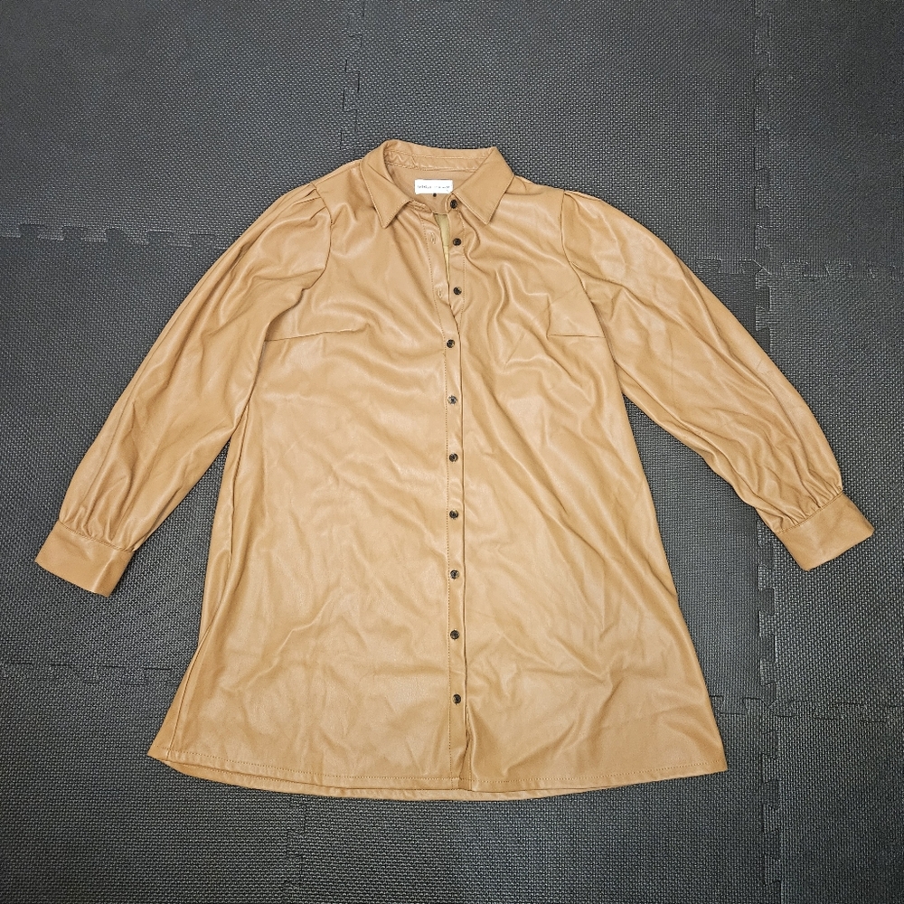 Lefties Faux Leather Tan Button Down Dress - Picture 2 of 5